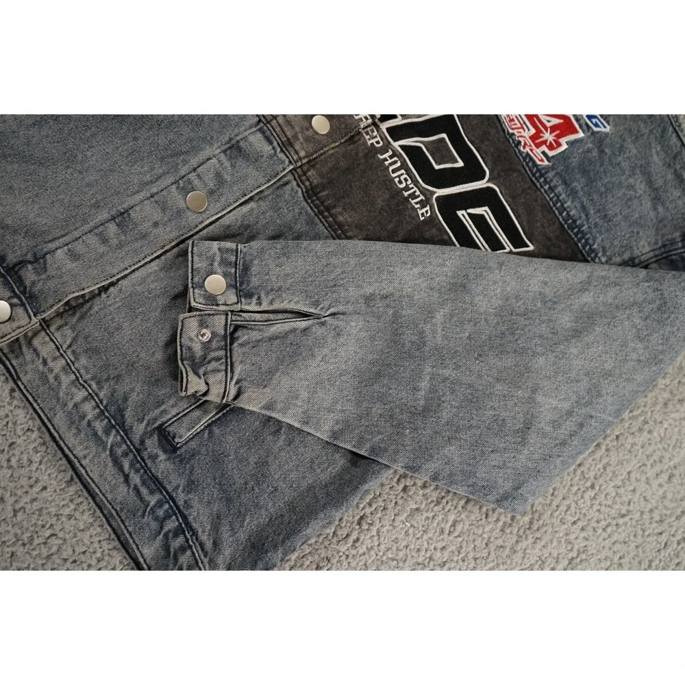 Pretty Little Thing Denim Jacket Womens 12 Blue Distressed Racing Button Up Logo